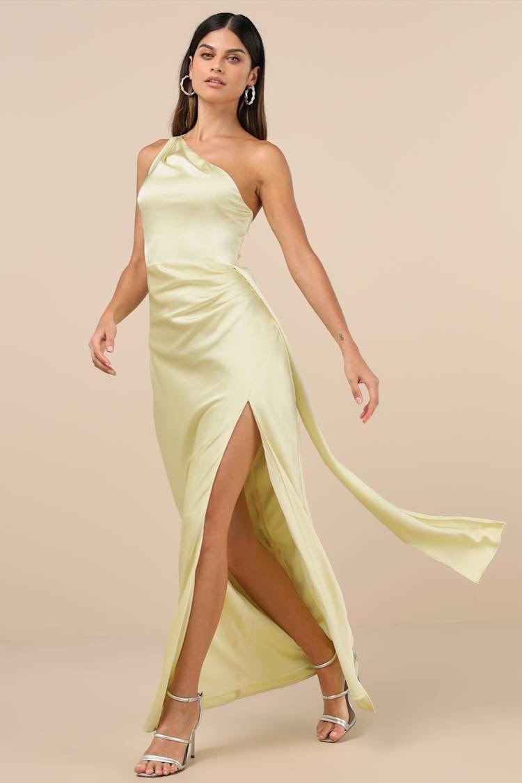 Nwt Lulus Signature Elegance Pale Yellow Satin One-Shoulder Maxi Dress Gala Sz S